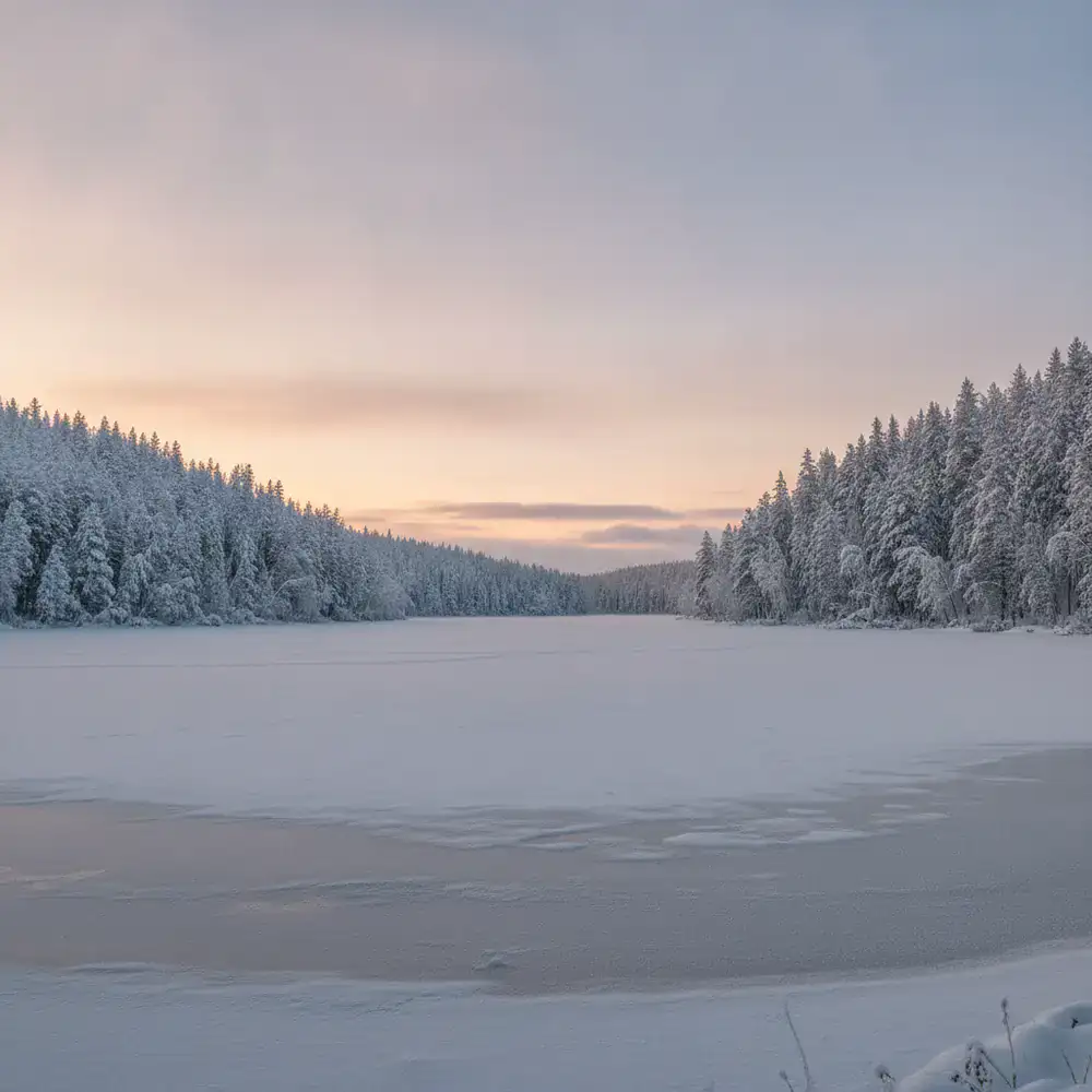 Expansive frozen lake surrounded by snow-covered pine trees at dawn