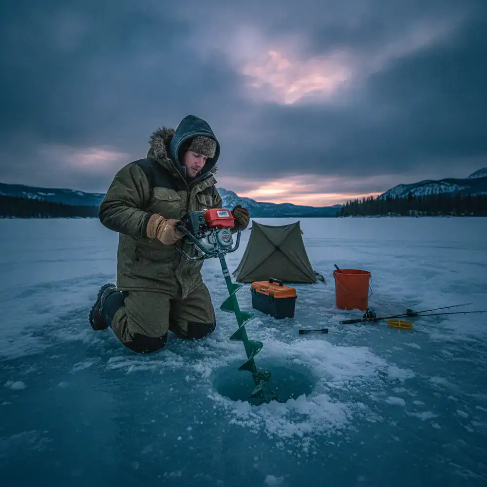 Player character drilling a hole in the ice with an auger